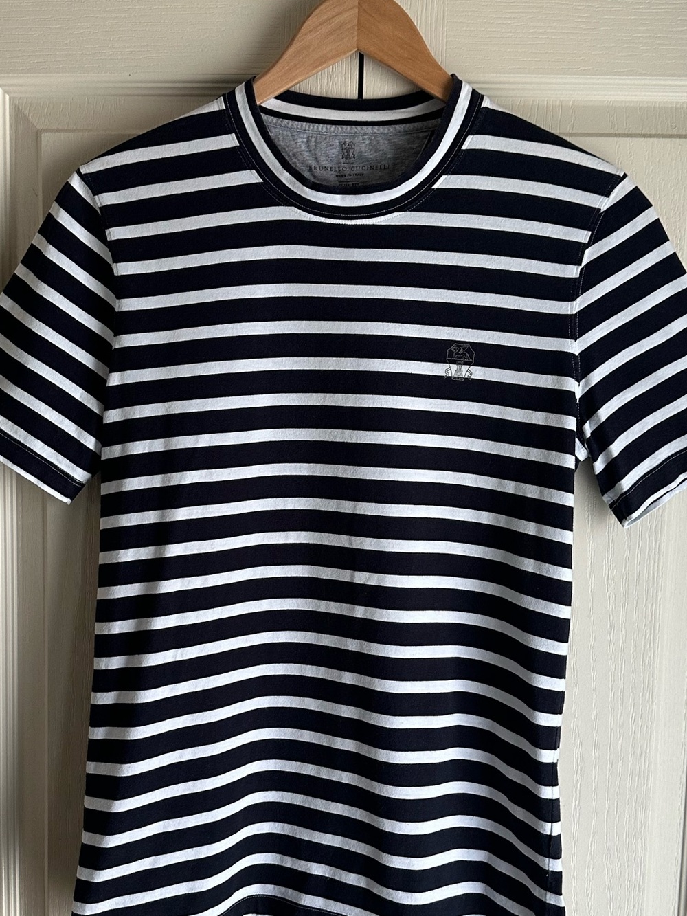 Brunello Cucinelli Navy and White Striped Crewneck Tee